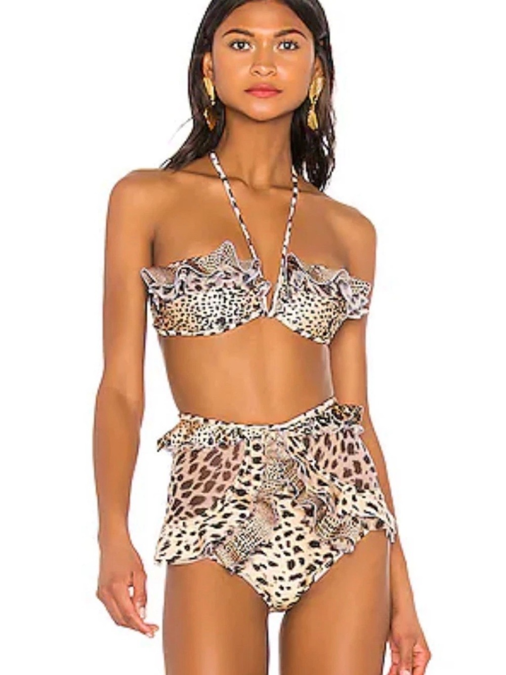 Zimmermann Leopard Print Ruffle High-Waist Bikini - Tan & Black Size 2/4